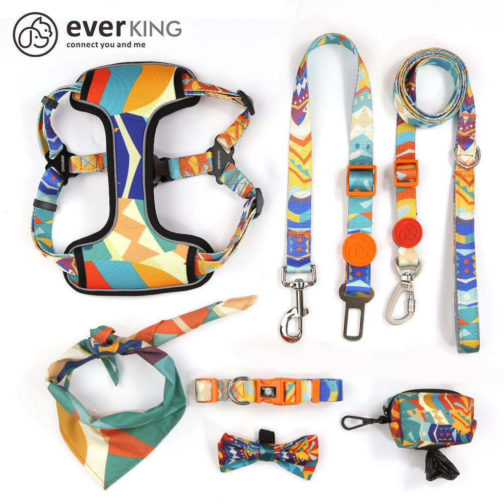 Colorful checkered dog leash collar set of 7 pieces