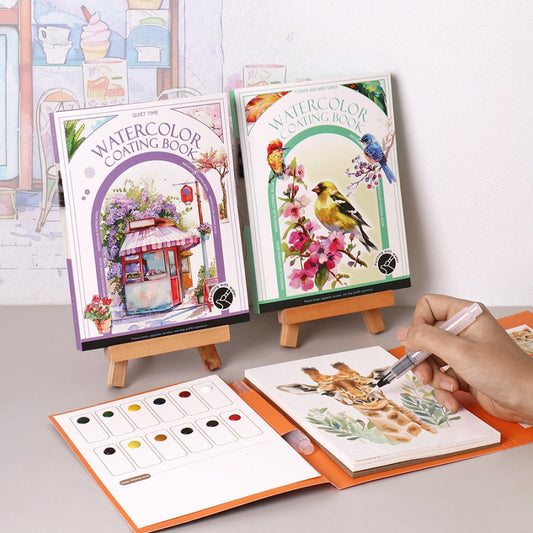 Three-fold watercolor coloring notepad painting paper, DIY, stress-relieving, portable, with built-in pigments for adults, suitable for gouache painting and coloring