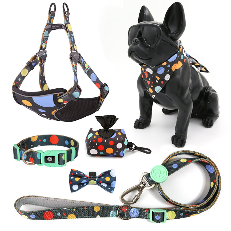 Black polka dot dog leash collar set of 7 pieces