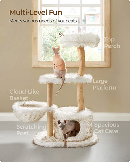 Feandrea Cat Tree with 2 Caves and Modern Cat Tree Bundle, 33.1-Inch Cat Tower and 48.4-Inch Luxury Cat Condo with Scratching Post, Beige and White UPCT61M and UPCT144W01