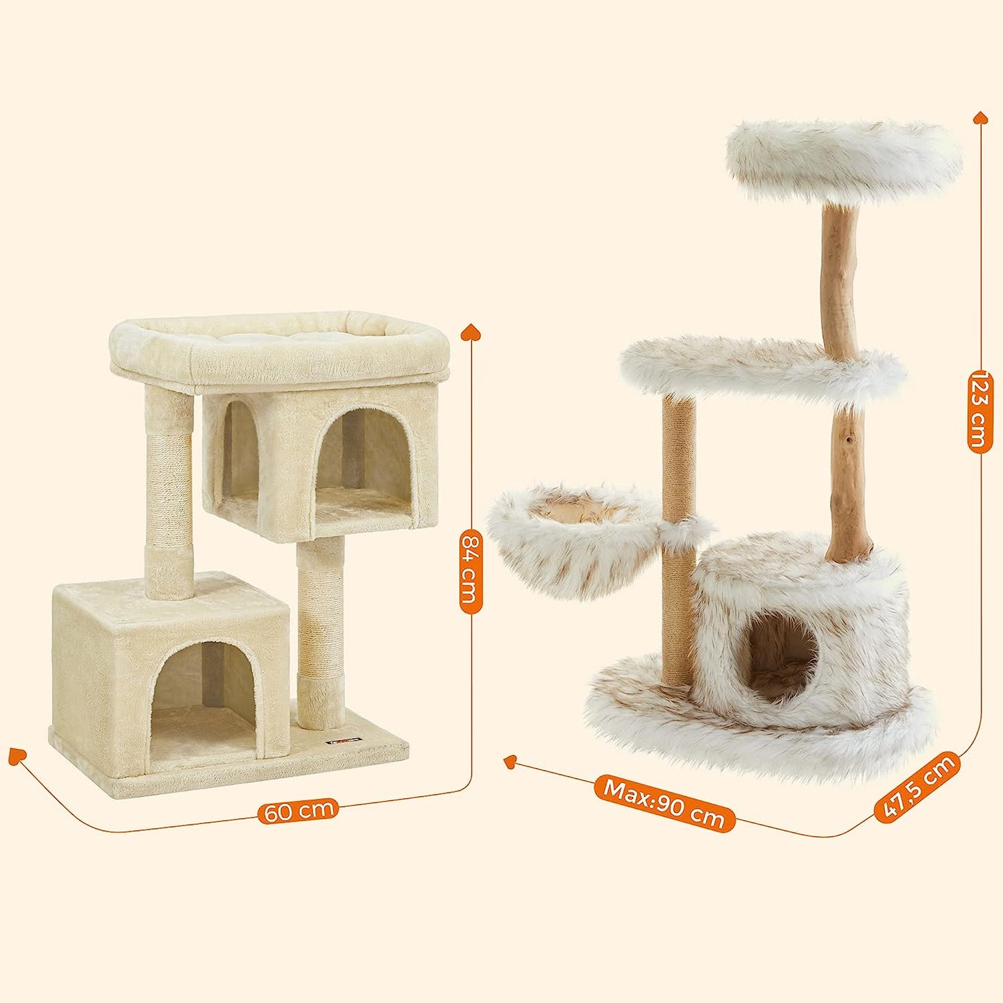 Feandrea Cat Tree with 2 Caves and Modern Cat Tree Bundle, 33.1-Inch Cat Tower and 48.4-Inch Luxury Cat Condo with Scratching Post, Beige and White UPCT61M and UPCT144W01