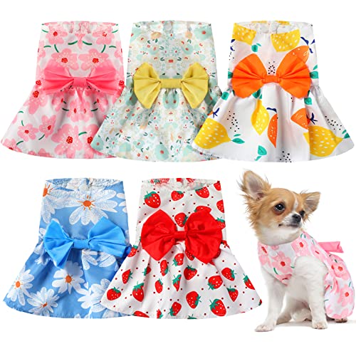 5 Pieces Dog Dresses for Small Dogs Girls Floral Puppy Dresses Pet Dog Princess Bowknot Dress Cute Doggie Summer Outfits Dog Clothes for Yorkie Female Cat Small Pets, 5 Styles