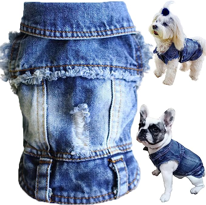 Brocarp Dog Jean Jacket, Blue Denim Lapel Vest Coat T-Shirt Costume Cute Girl Boy Dog Puppy Clothes, Comfort and Cool Apparel, for Small Medium Dogs Cats, Machine Washable Dog Outfits (XS, Blue)