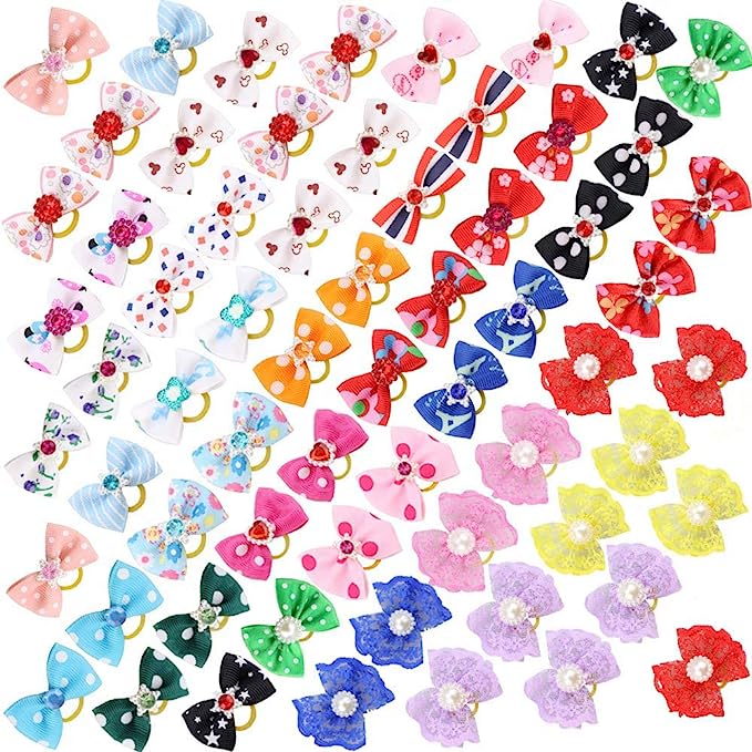 60Pcs 30 Pairs Yorkie Dog Puppy Hair Bows with Rubber Bands & Rhinestone Pearls & Handmade Lace Fabric, Cute Pet Small Hair Bowknot Grooming Accessories