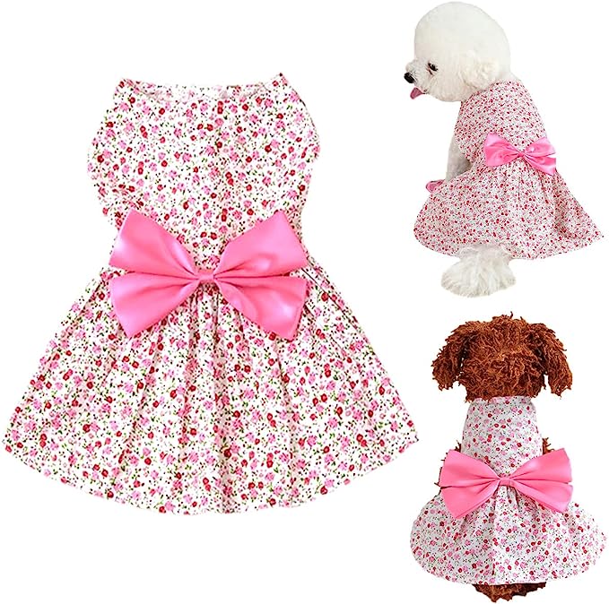 Dog Dress- Puppy Floral Princess Dresses, Dog Dress Bowknot Tutu Skirt, Thin Cute Pet Summer Clothes Apparel for Small Medium Girl Dogs Cats Kitten, Dog Flower Sundress Doggy Outfit Costume