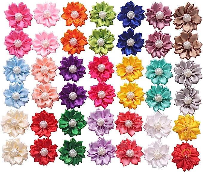 40PCS(20Paris) Cute Dog Hair Bows with Rubber Bands Pearls Flowers Topknot Dog Bows Pet Grooming Products 20 Colors