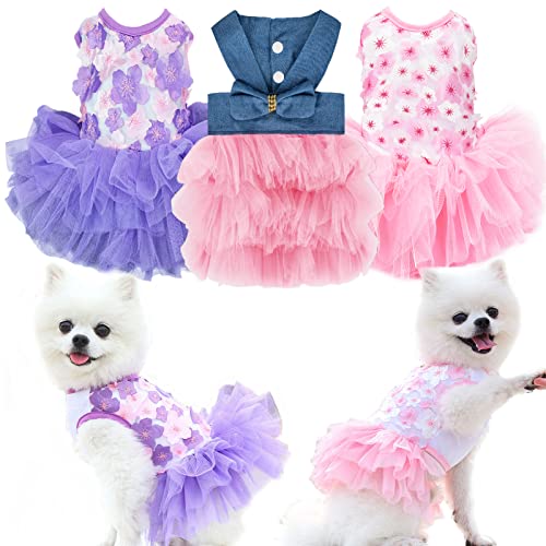 Sebaoyu Dog Dresses for Small Dogs Girl 3 Pack Summer Puppy Clothes Outfit Apparel Female Cute Cat Skirt Pup Tutu Pink Yorkie Clothing Breathable Pet Dress for French Bulldog Chihuahua