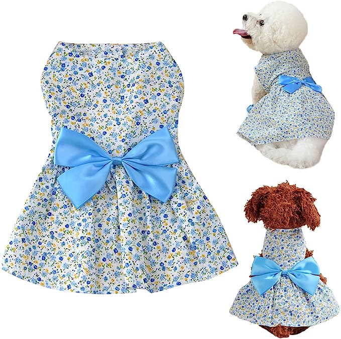 Dog Dress- Puppy Floral Princess Dresses, Dog Dress Bowknot Tutu Skirt, Thin Cute Pet Summer Clothes Apparel for Small Medium Girl Dogs Cats Kitten, Dog Flower Sundress Doggy Outfit Costume