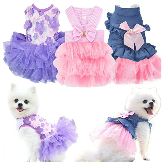 Sebaoyu Dog Dresses for Small Dogs Girl 3 Pack Summer Puppy Clothes Outfit Apparel Female Cute Cat Skirt Pup Tutu Pink Yorkie Clothing Breathable Pet Dress for French Bulldog Chihuahua